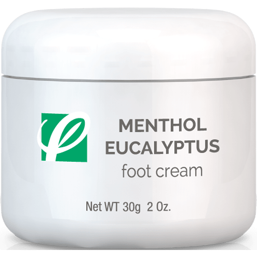 bottle of private labeled Menthol Eucalyptus Foot Cream sitting on table