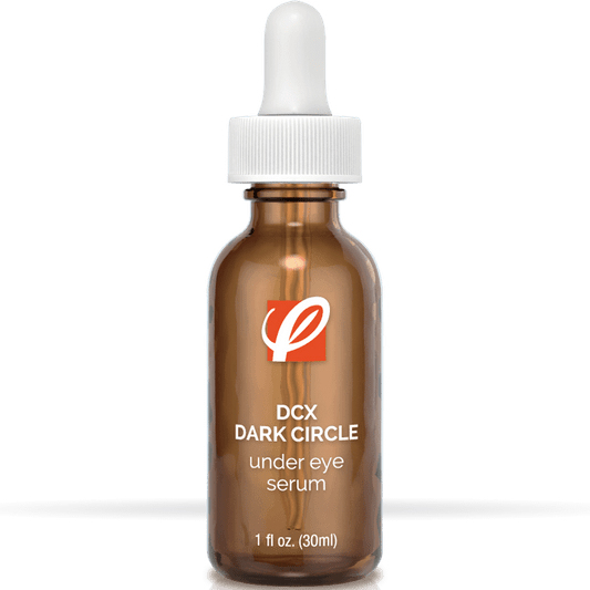 bottle of private labeled DCX Dark Circle Under Eye Serum sitting on table