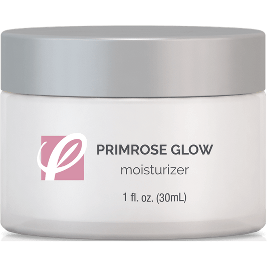 bottle of private labeled Primrose Glow Moisturizer sitting on table