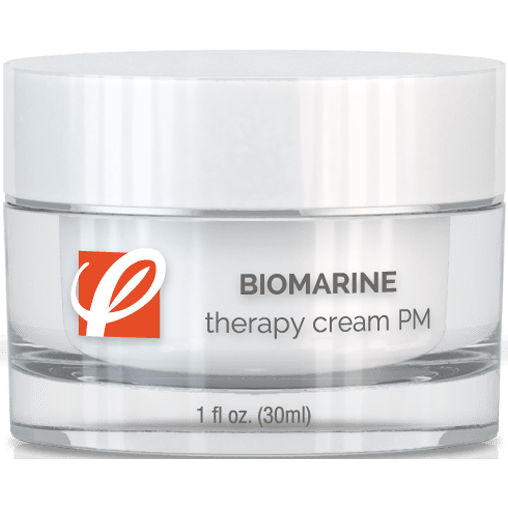 bottle of private labeled Biomarine Therapy Cream PM sitting on table