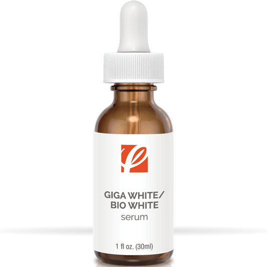 bottle of private labeled Giga-White/Bio-White Serum sitting on table