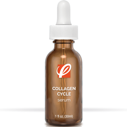 bottle of private labeled Collagen Cycle Serum sitting on table