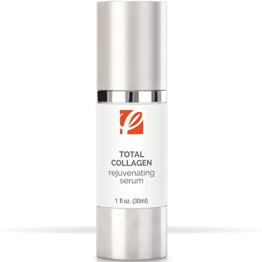 bottle of private labeled Total Collagen Rejuvenating Serum sitting on table