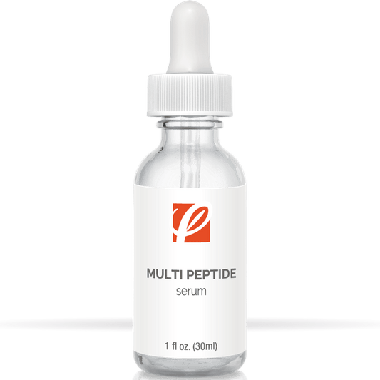 bottle of private labeled Multi-Peptide Serum sitting on table