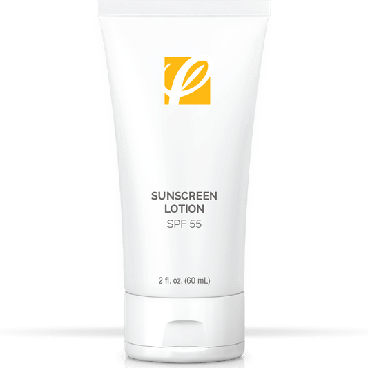 bottle of private labeled Sunscreen Lotion SPF 55 sitting on table