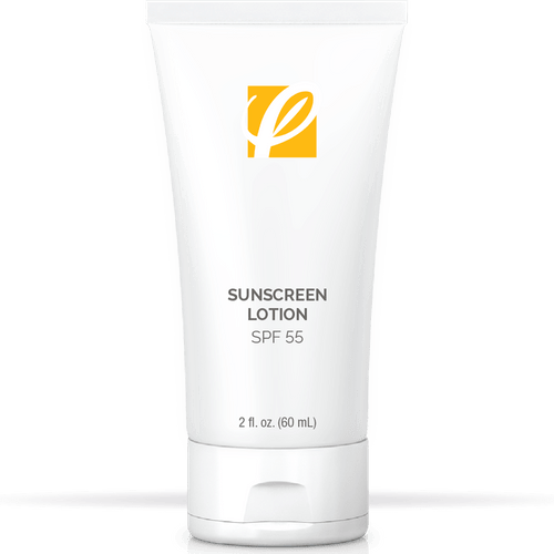 bottle of private labeled Sunscreen Lotion SPF 55 with white background
