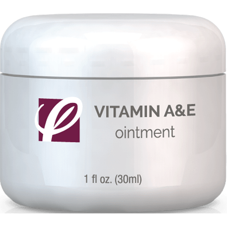 bottle of private labeled Vitamin A & E Ointment sitting on table
