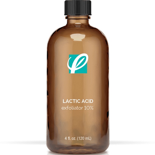 bottle of private labeled 10% Lactic Acid Exfoliator sitting on table