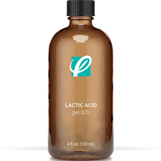 bottle of private labeled 10% Lactic Acid Gel Exfoliator sitting on table