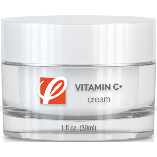 bottle of private labeled Vitamin C+ Cream sitting on table