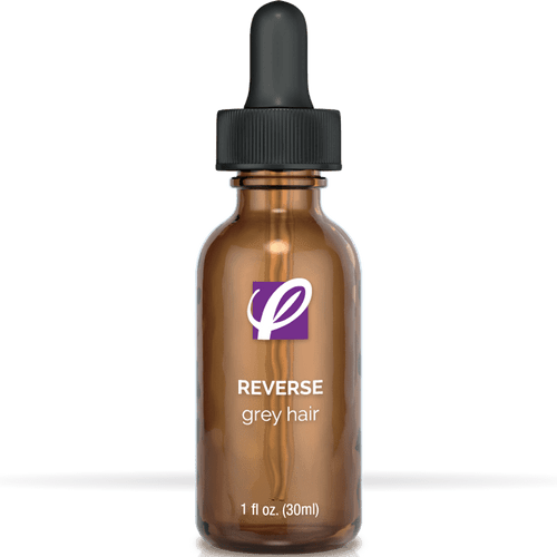 bottle of private labeled Reverse Grey Hair with white background