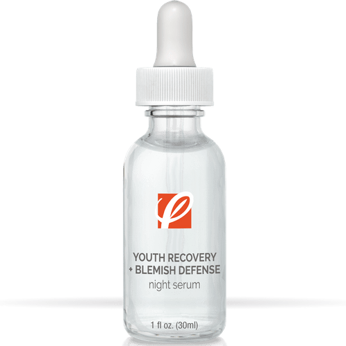 bottle of private labeled Youth Recovery + Blemish Defense Night Serum with white background