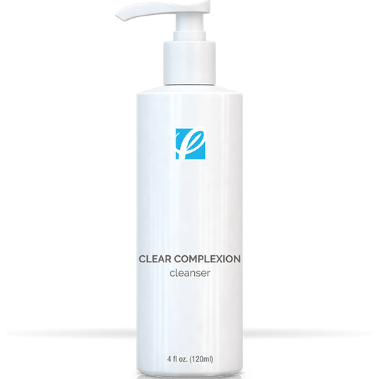 bottle of private labeled Clear Complexion Alpha Beta Cleanser sitting on table