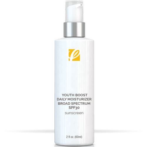 bottle of private labeled Youth Boost Daily Moisturizer Broad Spectrum SPF30 with white background