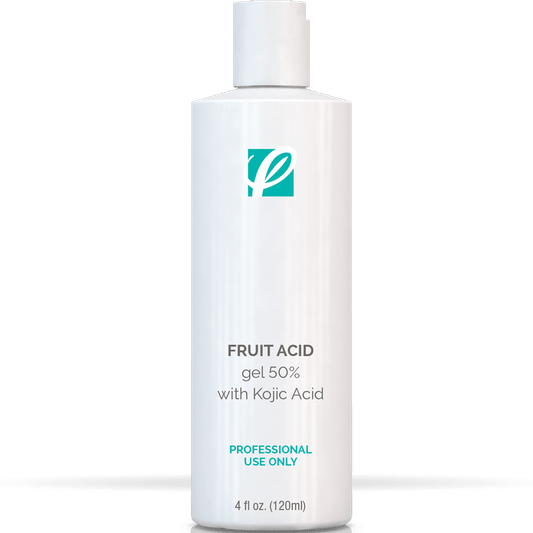 bottle of private labeled 50% Fruit Acid Gel with Kojic Acid Peel sitting on table