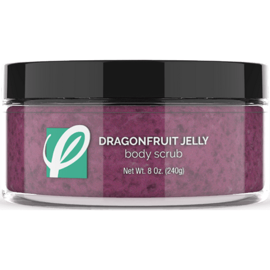 bottle of private labeled Dragonfruit Jelly Body Scrub sitting on table