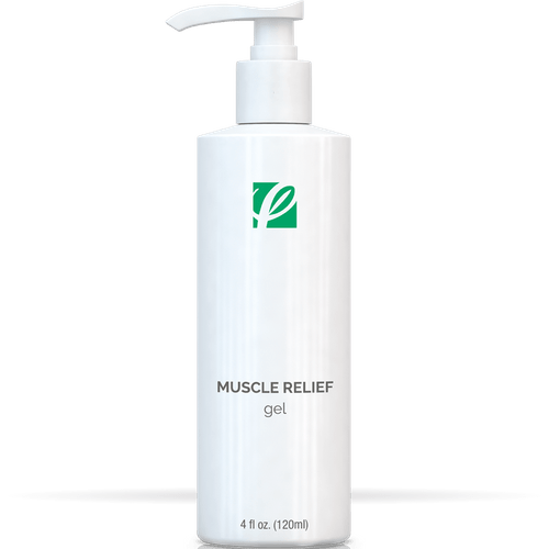 bottle of private labeled Muscle Relief Gel with white background