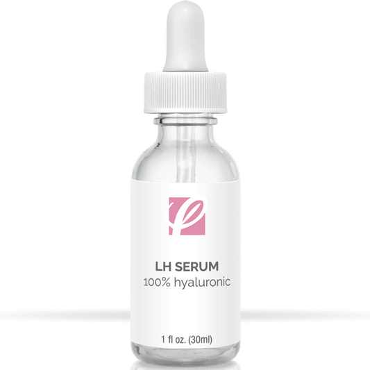 bottle of private labeled LH Serum (100% Hyaluronic Acid) sitting on table