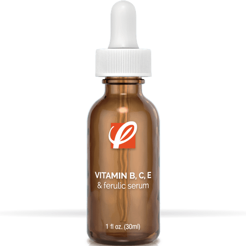bottle of private labeled Vitamin C, B, E & Ferulic Serum with white background