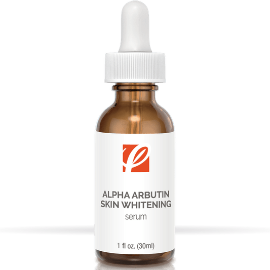 bottle of private labeled Alpha Arbutin Lightening Serum sitting on table