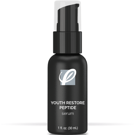 bottle of private labeled Men's Youth Restore Peptide Serum sitting on table