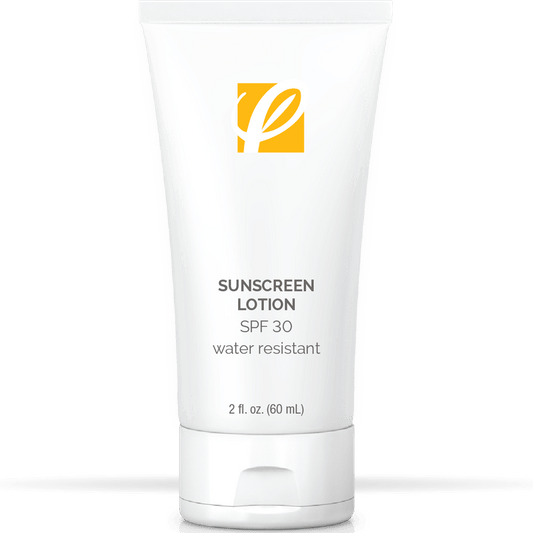 bottle of private labeled Sunscreen Lotion SPF 30 (Water Resistant) sitting on table