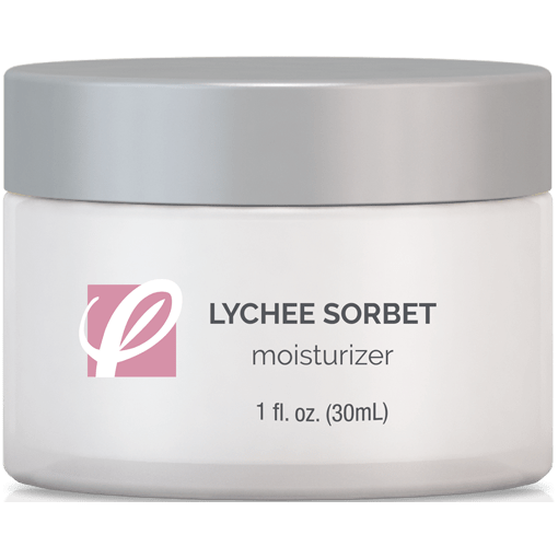 bottle of private labeled Lychee Sorbet Moisturizer sitting on table