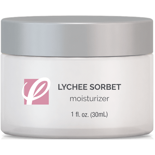 bottle of private labeled Lychee Sorbet Moisturizer with white background