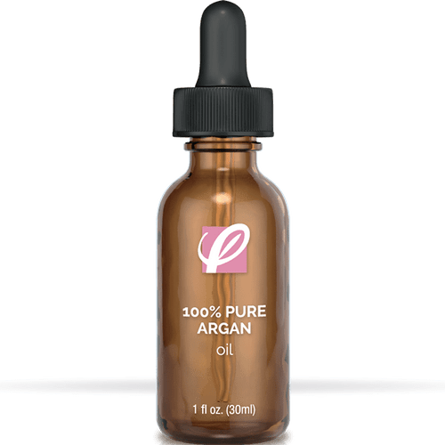 bottle of private labeled 100% Pure Argan Oil with white background
