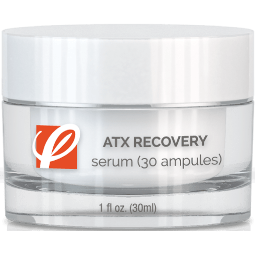 bottle of private labeled ATX Recovery Serum (30 Ampoules) sitting on table