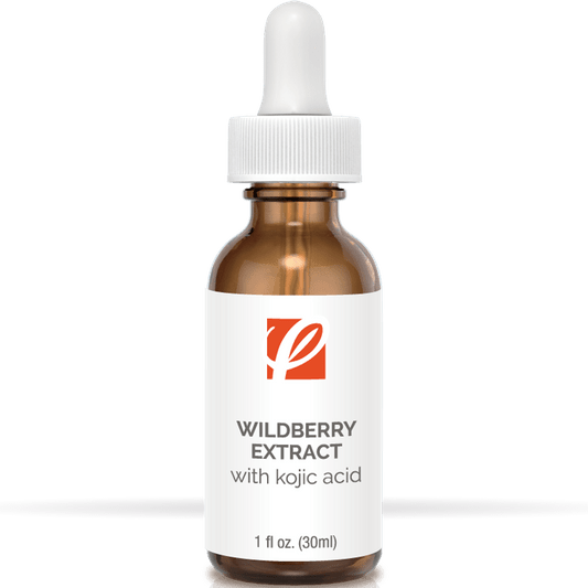 bottle of private labeled Wildberry Extract with Kojic Acid sitting on table