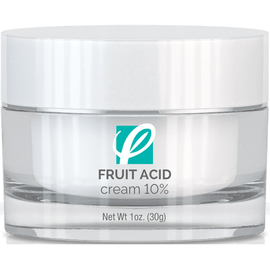 bottle of private labeled 10% Fruit Acid Cream Exfoliator sitting on table