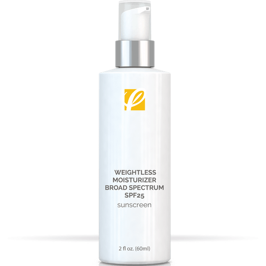 bottle of private labeled Weightless Moisturizer SPF25 sitting on table